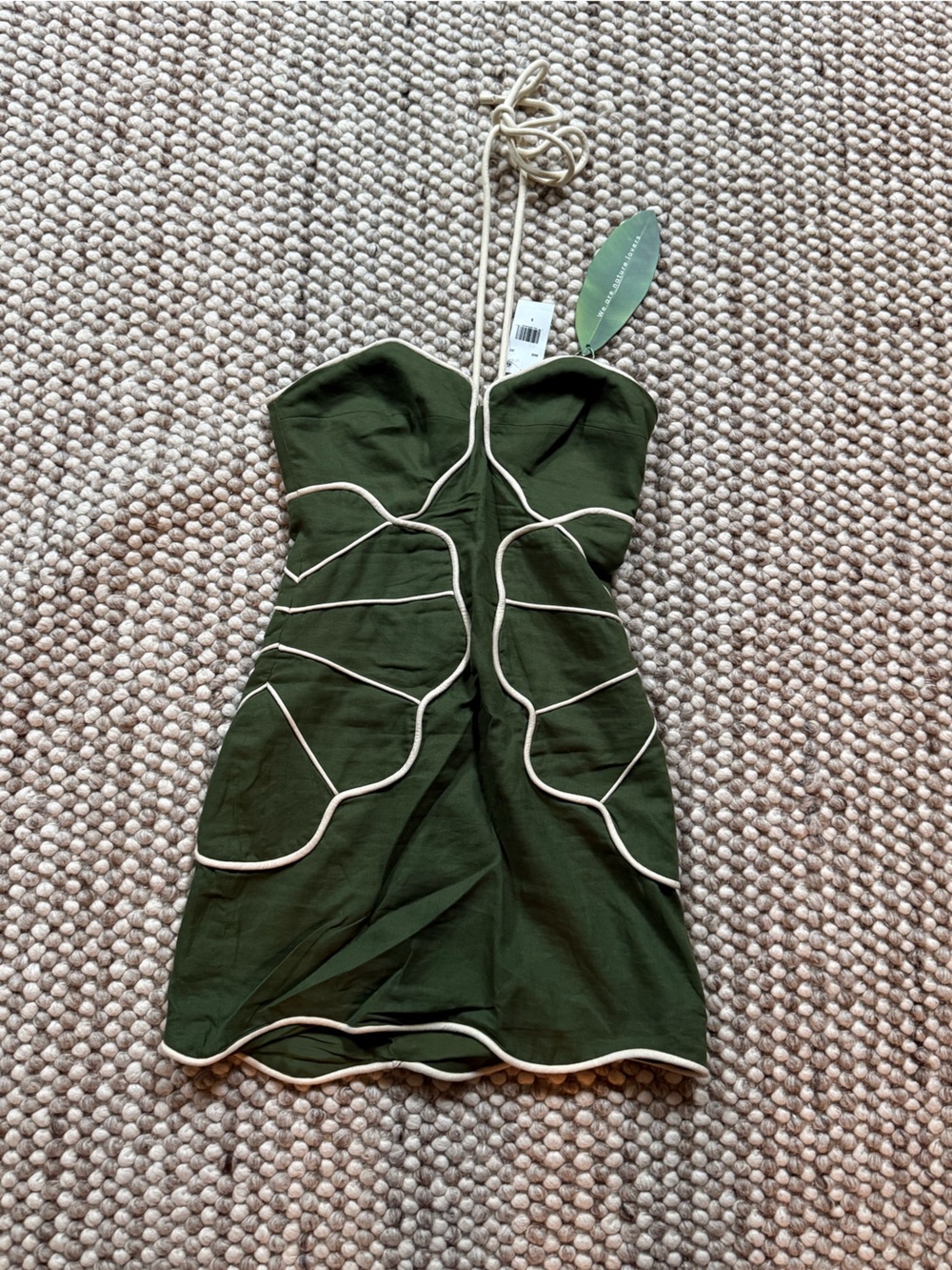 FARM Rio Olive Green Strapless Mini Dress with Cream Piping - Picture 2 of 3